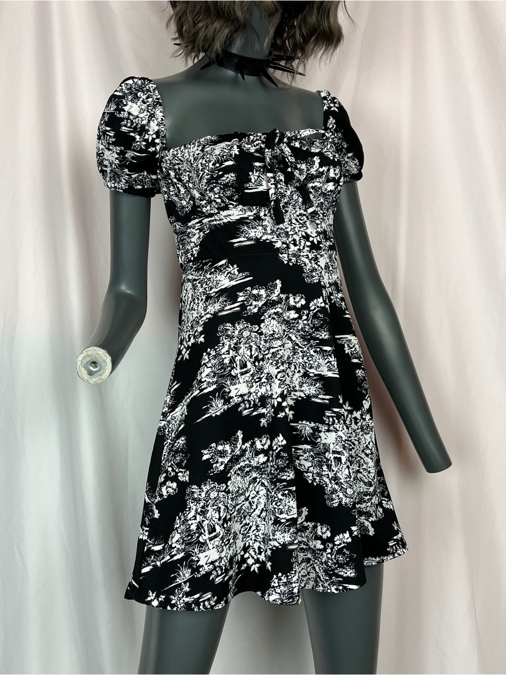 Black & White Floral Garden Print Mini Summer Dress